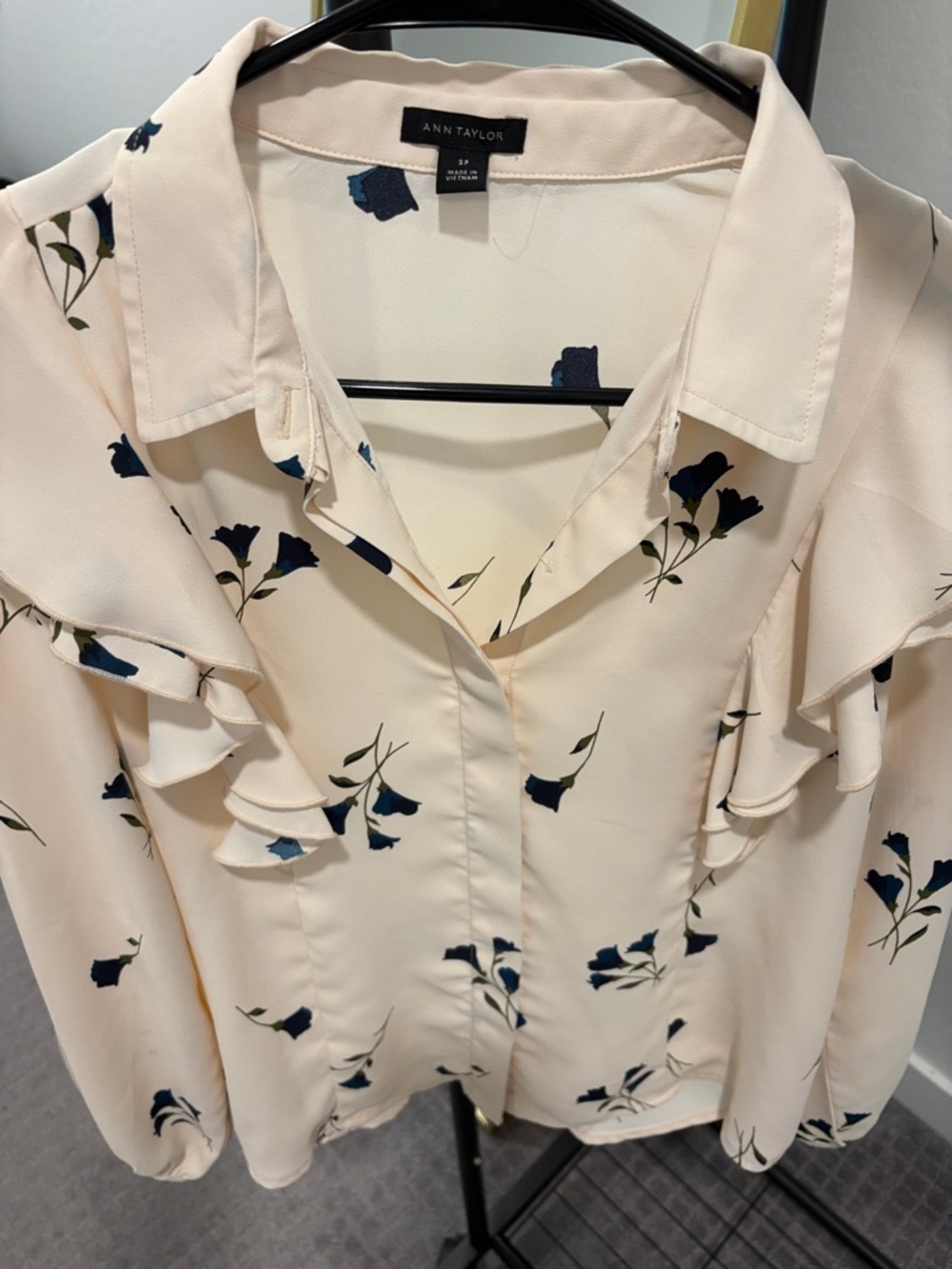 Ann Taylor Cream Blouse with Navy Floral Print and Ruffle Detail